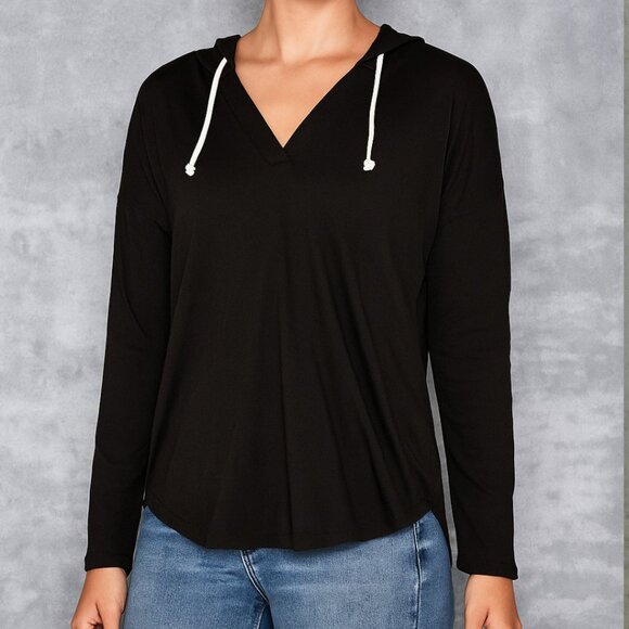 Eleanor Sweaters - Eleanor Hoodie Jersey V Neck Drawstring Light Weight Black Size XL Pullover EUC